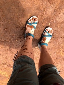 muddy hiking sandals in Kenya's elephant orphanage